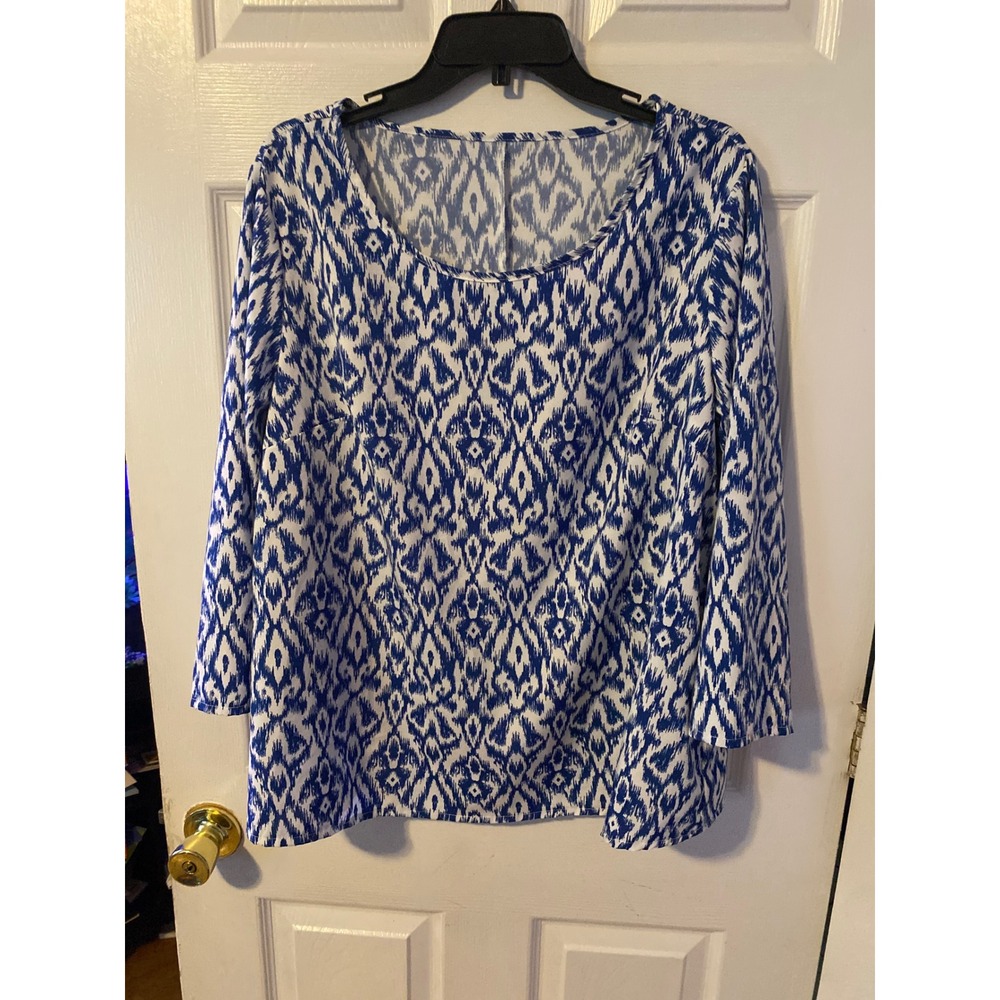 Shein Curve Blue White Ikat Geometric Scoop Neck 3/4 Sleeve Blouse Top 1XL